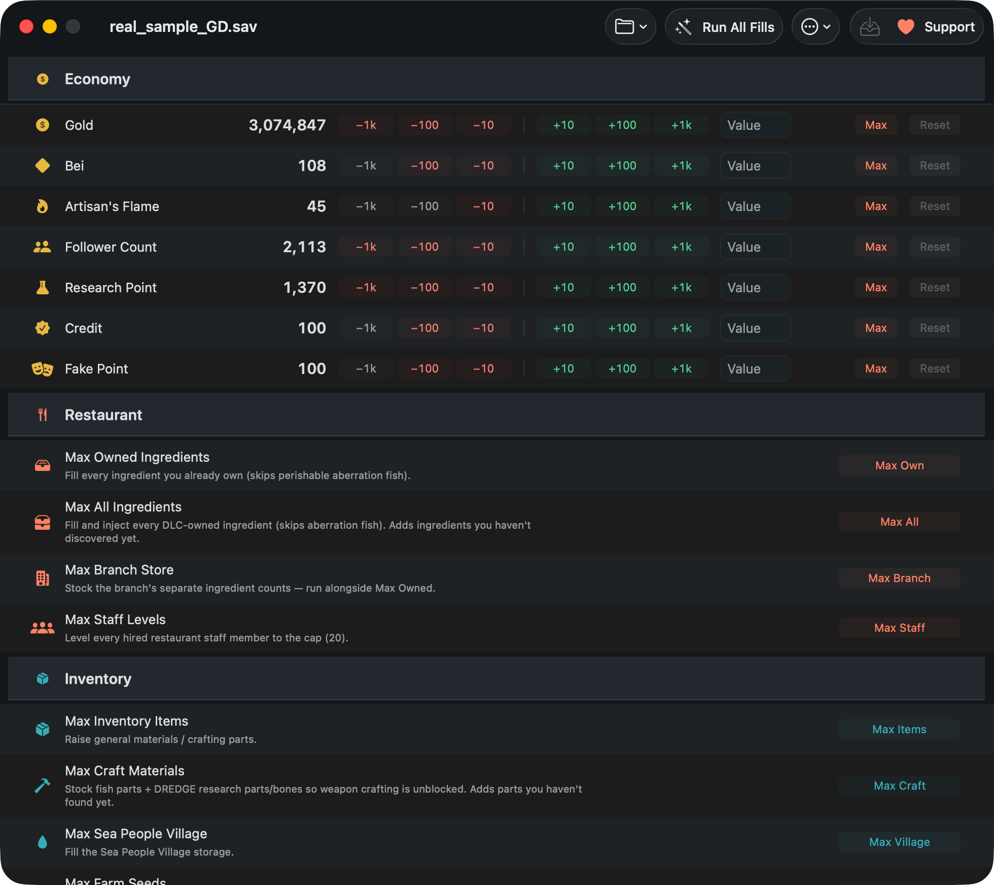 DiveSaveEd in dark mode, editing a Dave the Diver save on macOS