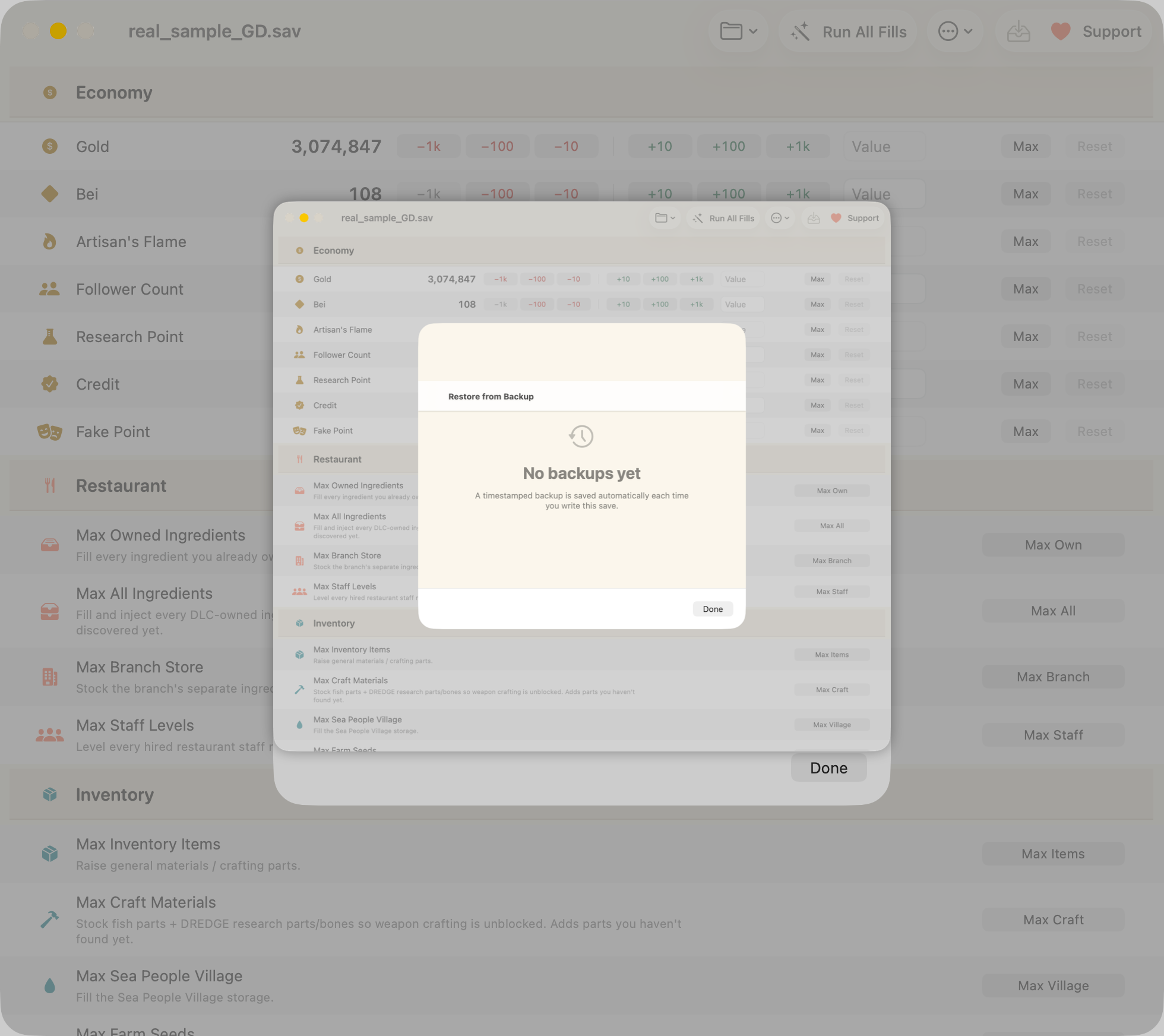 The Restore from Backup window, listing timestamped backups of the save file