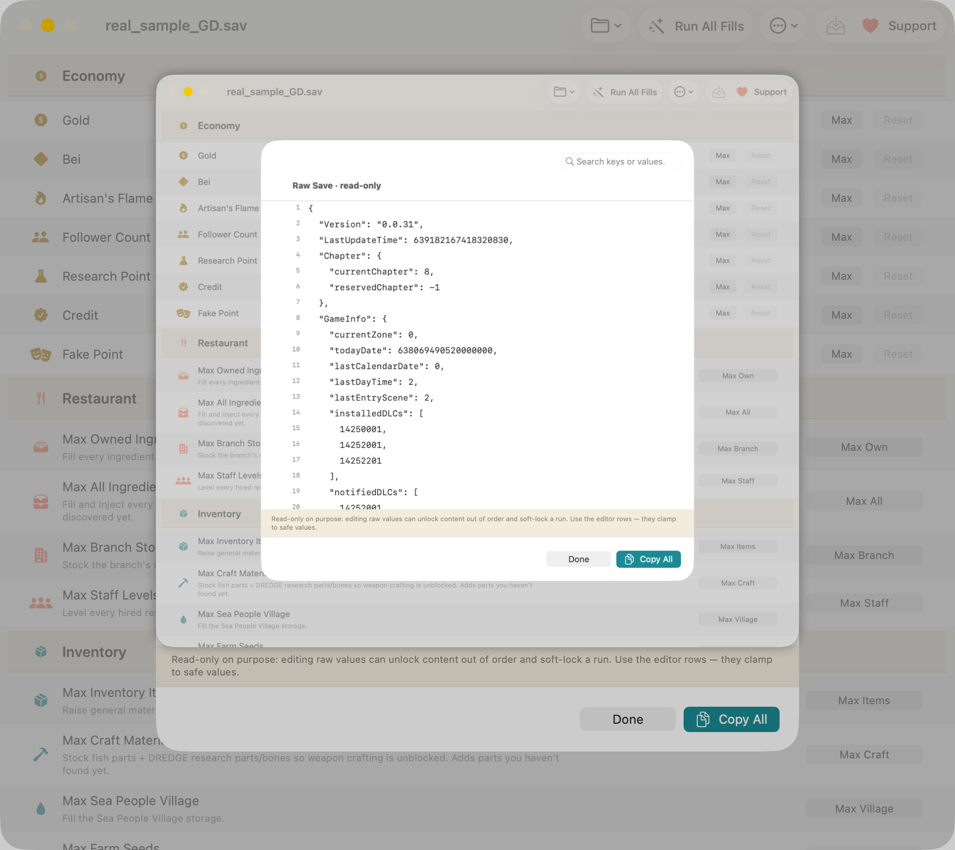 The read-only raw JSON inspector in DiveSaveEd, showing a decoded Dave the Diver save